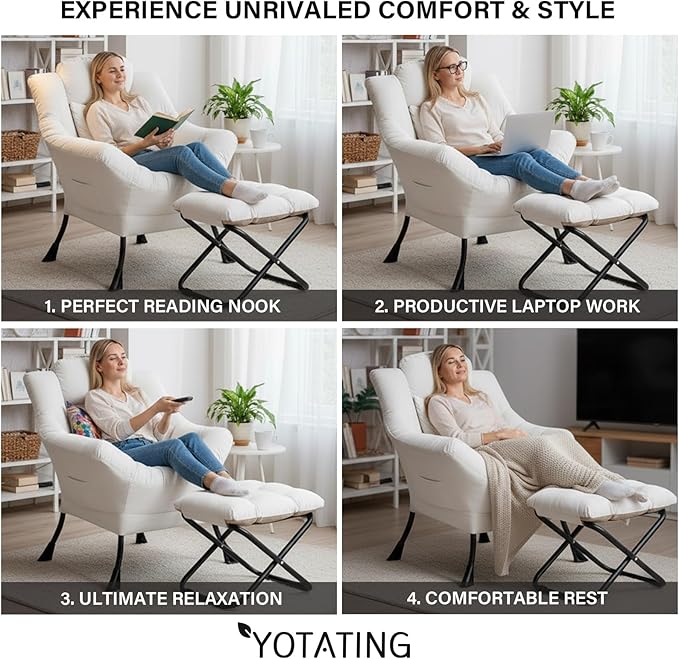 Lazy Chair with Ottoman Modern Accent Leisure Sofa Chair with Footrest Stool &amp Throw Pillow Modern Lounge Chair with Armrests for Living Room Beige