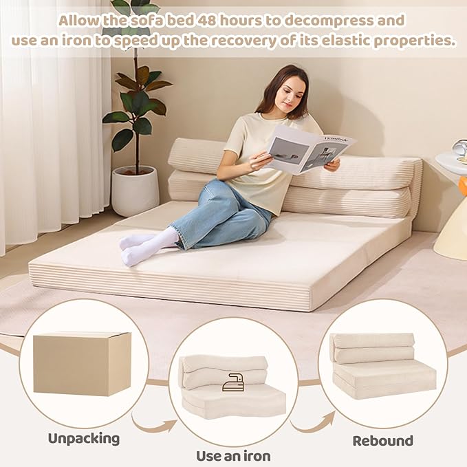 Folding Sofa Bed Convertible Sleeper Chair with Pilow Foldable Matress 2 in 1 Pull Out Loveseat Sofa Portable Fold Out Chair Bed Floor Couch Lounge for Living Room Bedroom (Beige Twin)
