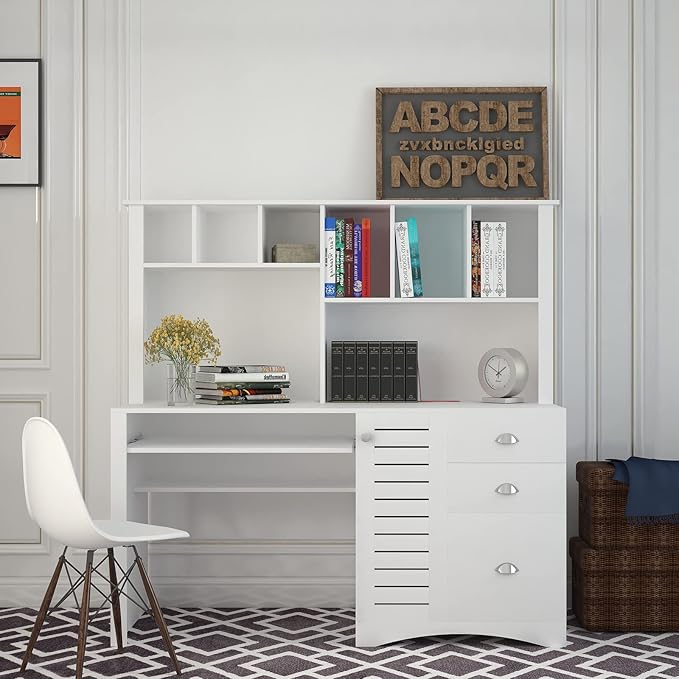 Harper &amp Bright Designs Computer Desk with Cabinet Home Office Desk Study Writing Desk with Storage Drawer and Pull-Out Keyboard Tray White