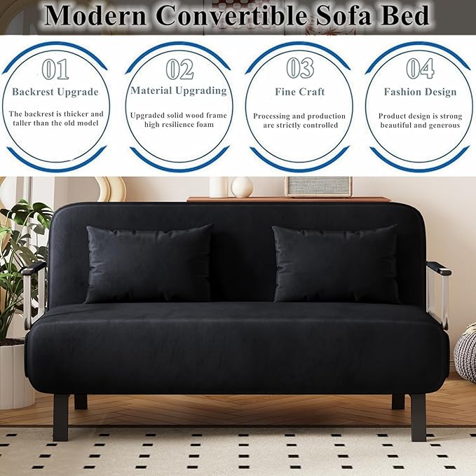 Convertible Sofa Bed Full Size Velvet Tri-Fold Sofa Bed with 6-Position Adjustable Backrest Multi-Functional Folding Chaise Lounge Couch for Home Office 55 W x 74.8 L Black