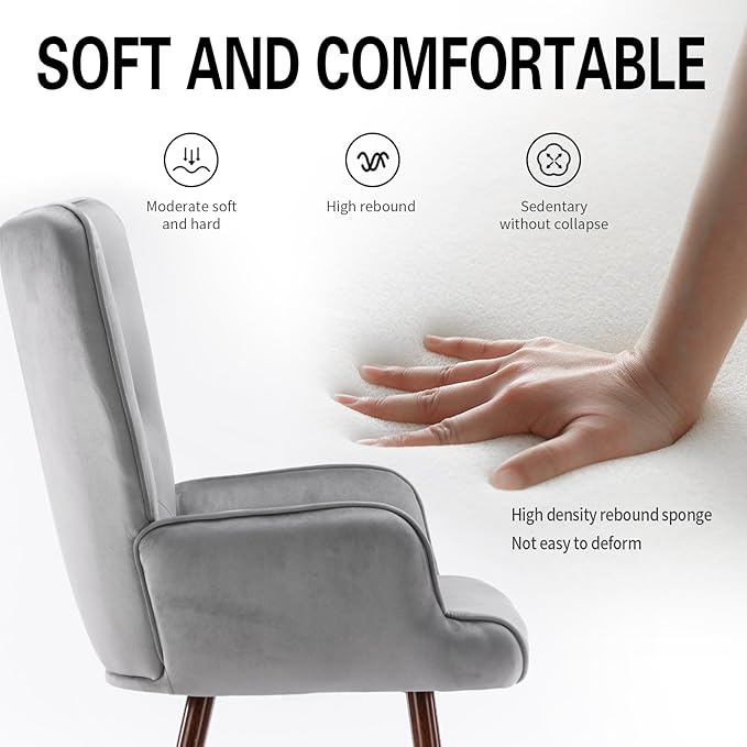 UNICOO Light Grey Velvet High Wingback Chair - Mid-Century Modern Design Vintage Button Reading Living Room Bedroom Office