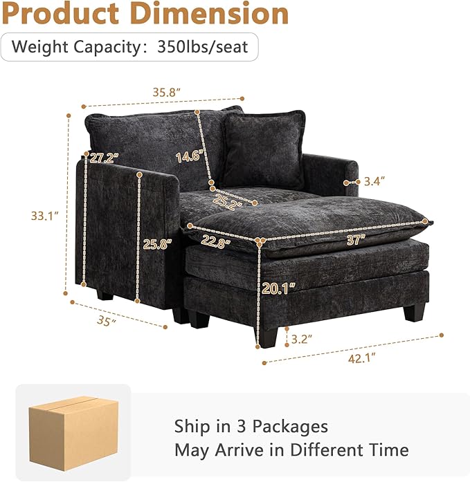 Setawix Modern Modular Sectional Sofa Chair with Movable Ottoman 42 Upholstered Chenille Comfy Fluffy Cloud Deep Seat Couch Oversized Single Armchair with Throw Pillow for Living Room Black