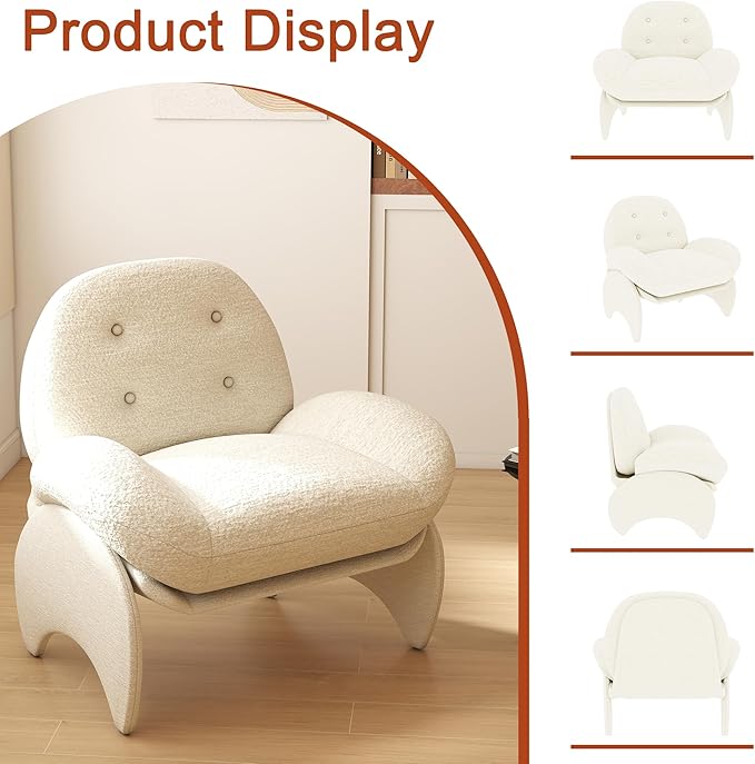 thksbought Modern Accent Chair White Lambswool Mid Century Lounge Armchair with Button Tufted Back Comfy Luxury Crab Chair with Upholstered Seat for Bedroom Apartment Studio Office (White 1PC)