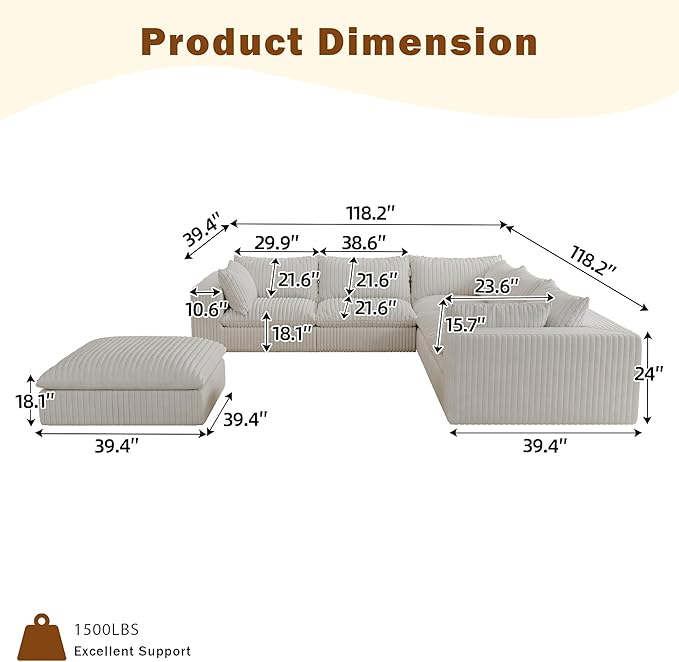 118.2 Modern V Shaped Corner Sofa Comfy Modular Sectional Cloud Couch with Plush Corduroy Fabric Deep Seat Upholstered Sofa Boneless Couches for Living Room No Assembly (White + Ottoman)