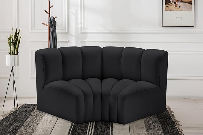 Meridian Furniture 101Black-S2B Arc Collection Modern | Contemporary Modular Sofa with Soft Black Vegan Leather Deep Channel Tufting Modular Design 60 W x 33 D x 30 H Black