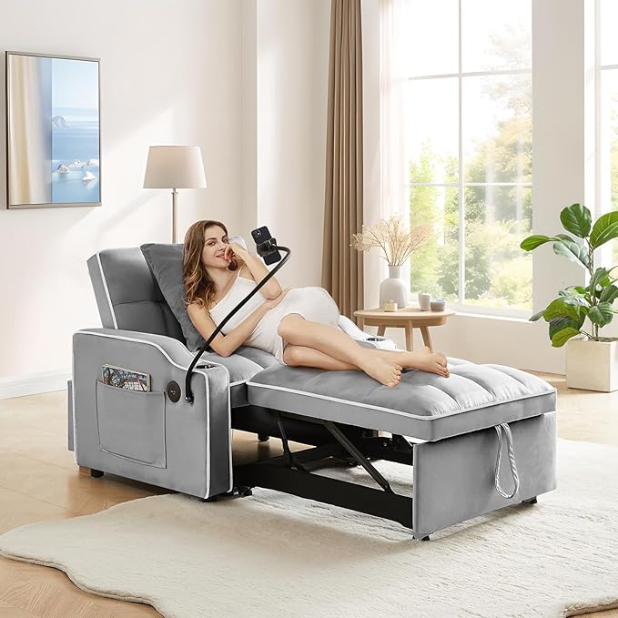Convertible Sleeper Sofa Chair Bed 3 in 1 Velvet Single Small Futon Sofa Bed with Phone Holder &amp USB PortsPull Out Couch Recliner with Adjustable Backrest for Living Room Office Small Place(Gr