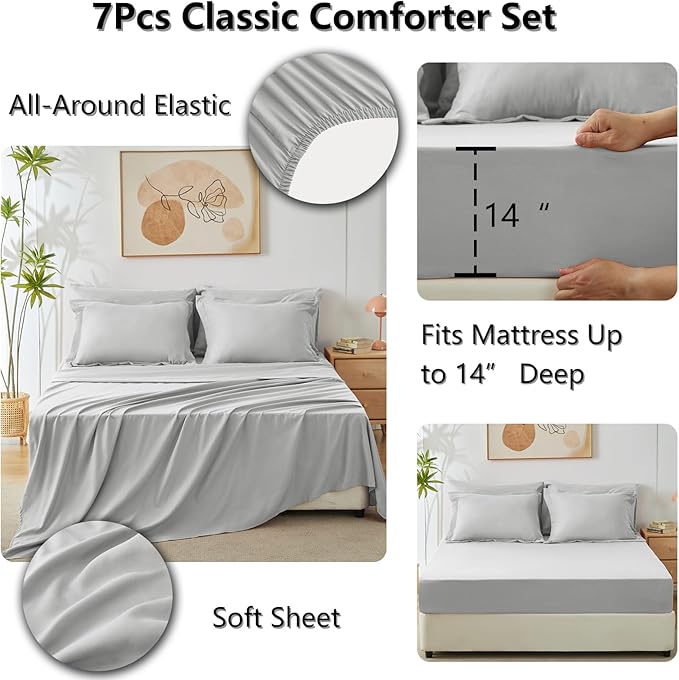 CozyLux Oversized King Comforter Set Light Grey 7 Pieces Bed in a Bag Comforter Set with Sheets All Season Bedding Set with Down Alternative Comforter Sheets Pillowcases &amp Shams