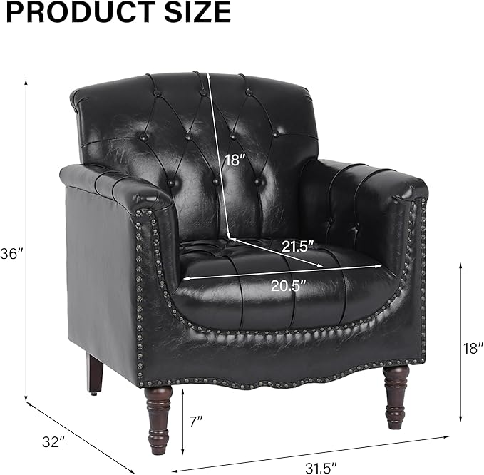 Faux Leather Accent Chair PU Leather Modern Comfy Upholstered Armchair with Wood Legs &amp Nailhead Trim for Living Room Bedroom (Black BlueSet of 1)
