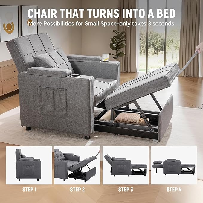 LUCKLIFE 3-in-1 Sleeper Chair BedPull-Out Convertible Sofa Bed Armchair with Cup HoldersSide Pocket and Under-Bed Storage for Living Room&ampBedroom (Grey)