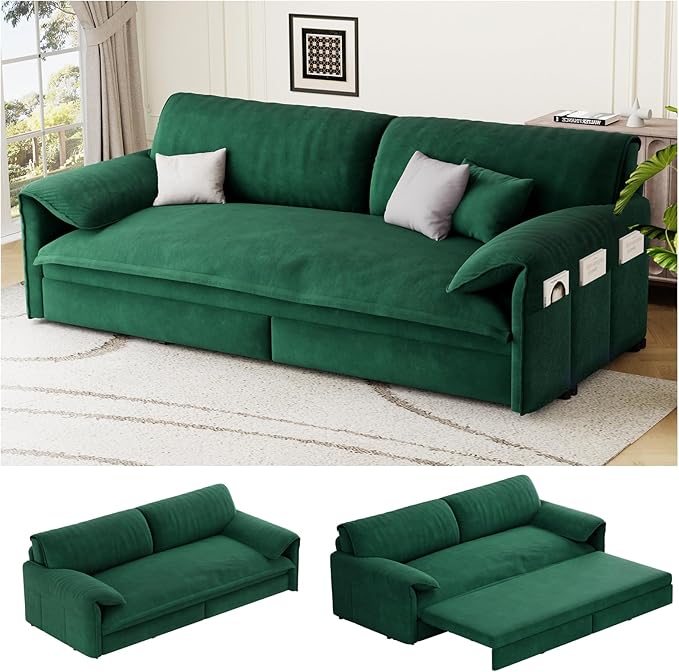66 Queen Pull Out Couch BedVelvet 3-in-1 Queen-Size Sleeper SofaConvertible Pull-Out Sofa Bed with Side PocketsSleeper Loveseat for Living RoomApartment Offices (Green)