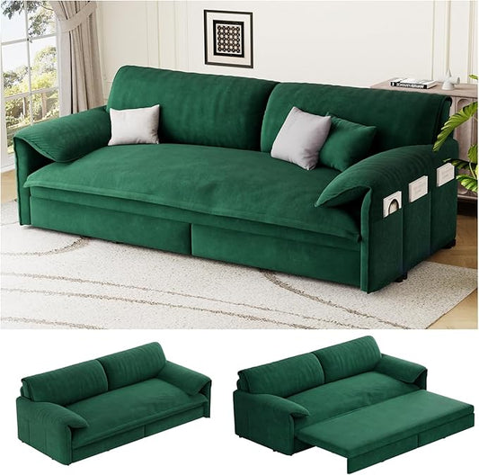 66 Queen Pull Out Couch BedVelvet 3-in-1 Queen-Size Sleeper SofaConvertible Pull-Out Sofa Bed with Side PocketsSleeper Loveseat for Living RoomApartment Offices (Green)