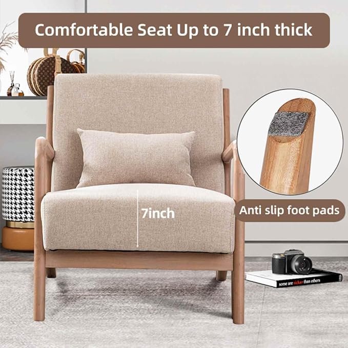 INZOY Mid Century Modern Accent Chair with Wood Frame Upholstered Living Room Chairs with Waist Cushion Reading Armchair for Bedroom Sunroom (Beige)