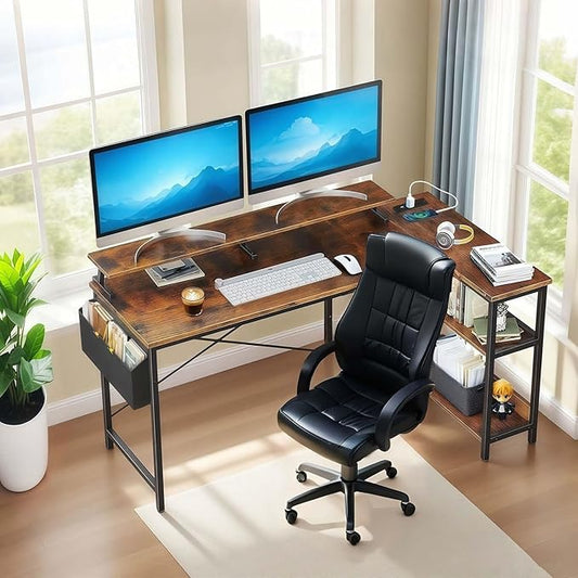 47'' Home Office Desks Corner Gaming Desks with Power Outlets Black Brown Reversible L Shaped Computer Desk with Monitor Stand Storage Shelves and Side Bag for Home Office Bedroom Small Space