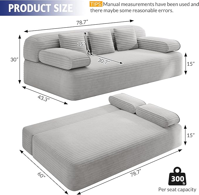 78.7 Queen Convertible Sofa Bed 2-in-1 Corduroy Folding Floor Couch with 3 Pillows Sleeper Sofa for Living Room and Bedroom No Assembly Required (Light Grey)