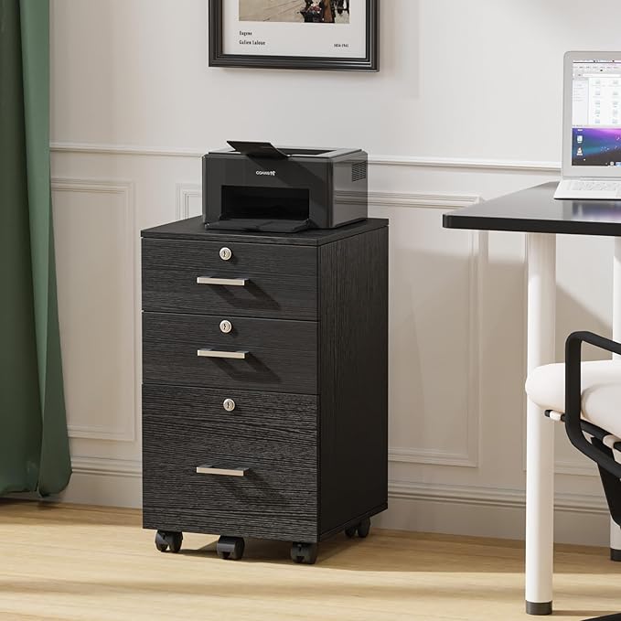 VINGLI 3-Drawer File Cabinet with Lock Wood Rolling Filing Cabinets for Home Office Mobile Printer Stand Under Desk File Organizer for Letter Sized Files 26 H(Caster Included) Black