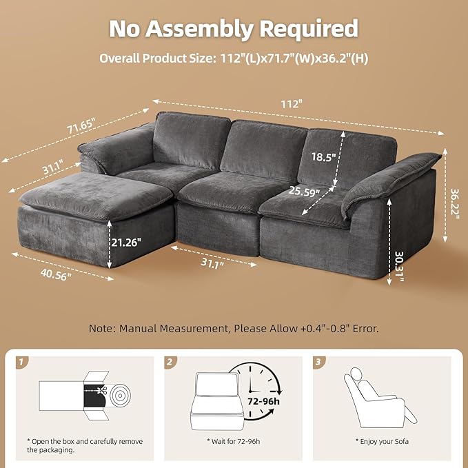 112 Cloud Couch Sectional with Padded Armrests &amp Moveable Ottoman Boneless Sectional Couches for Living Room Dark Grey Couch No Assembly Required