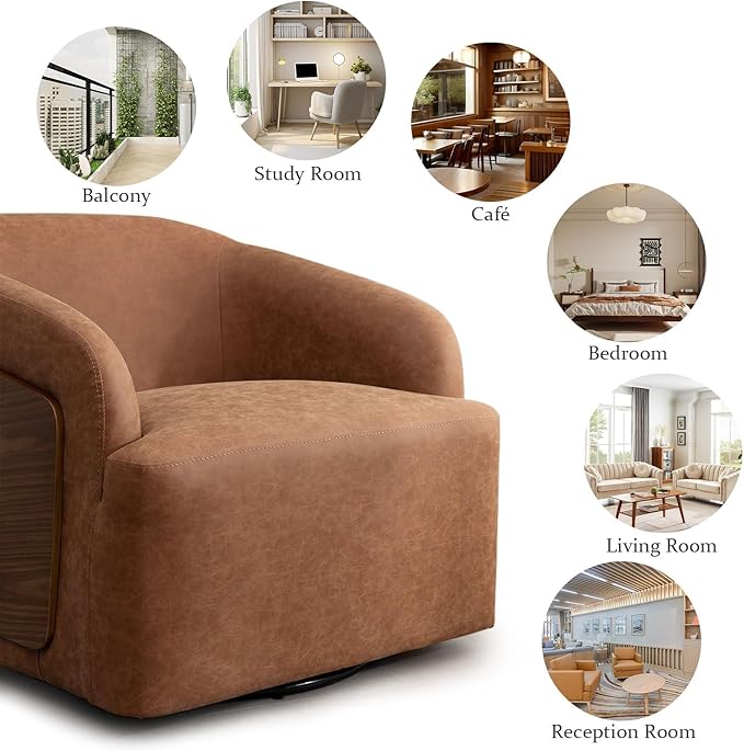 Swivel Accent Chair Faux Leather Swivel Barrel Chair Comfortable Mid Century Modern Chair Upholstered Metal Base Armchair for Living Room Bedroom Office Large Vintage Brown