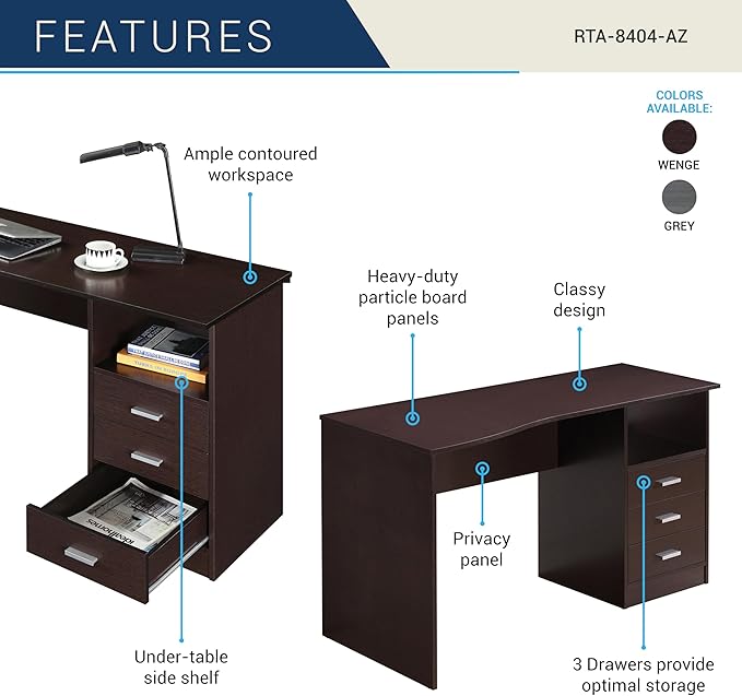 Techni Mobili 51 Classic Computer Desk with Drawers 3-Drawer Home Office Desk with Storage (Brown)