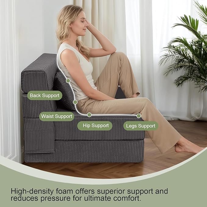 MeMoreCool Boneless Folding Sofa Bed Queen Corduroy Convertible Sleeper Chair Foldable Foam Mattress Chair Comfy Fold‑Out Futon Couch Bed Large Floor Sofa Couch for Living‑Room Guest