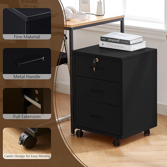 TUKAILAi Mobile File Cabinet with 3 Drawers Lockable Storage Unit Wooden Rolling Office Filing Cabinet with Wheels for Legal/Letter/A4 Sized Documents Home Office (Black 1PCS)