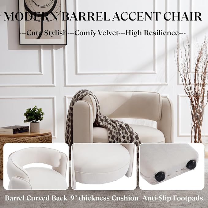 Modern Accent Chair Velvet Upholstered Lounger Chair with Barrel Back Solid Wood Legs Mid Century Comfy Accent Armchair Cozy Side Chair for Living Room Bedroom Beige