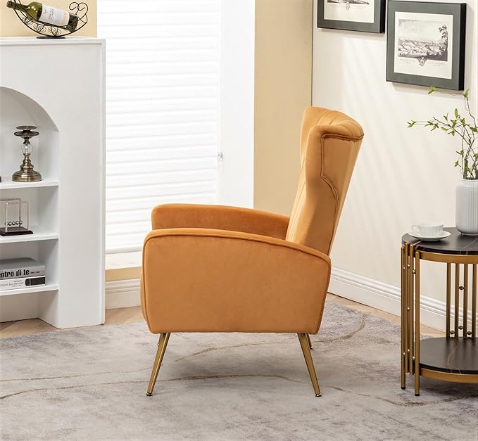 Modern Velvet Accent Chair Channel Tufted Bedroom Office or Living Room Furniture with Elegant Metal Legs 26 Wide Armchair Mustard Yellow