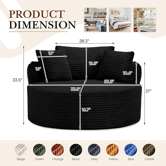 Antetek 53-inch Round Chaise Lounge Chair Indoor Modern Cloud Single Corduroy Couch with 3 Pillows Boneless Compressed Memory Foam Sofa Chair for Living Room Bedroom Apartment Black