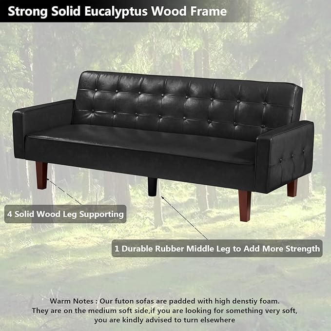 mikibama PU Faux Leather Futon Sofa Couch Upholstered Convertible Sleeper Sofa Bed Futons Modern Tufted 3 Seater Sofa Bed Couch for Living Room Apartment Small Spaces with Solid Wood Legs
