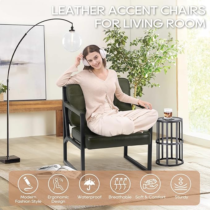 Modern Accent Chair Accent Arm Chair for Living Room Comfy Leather Armchair with Metal Legs for Bedroom Reception Waiting Room Green