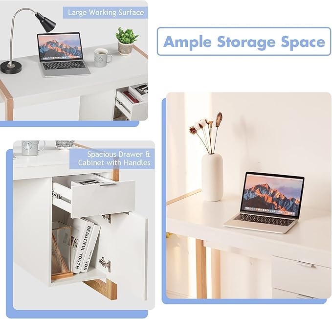 MAT EXPERT 44” Computer Desk White Desk w/Drawer &amp Storage Cabinet for Study Work Makeup Modern Writing Desk PC Laptop Office Table for Bedroom Small Corner Home Office