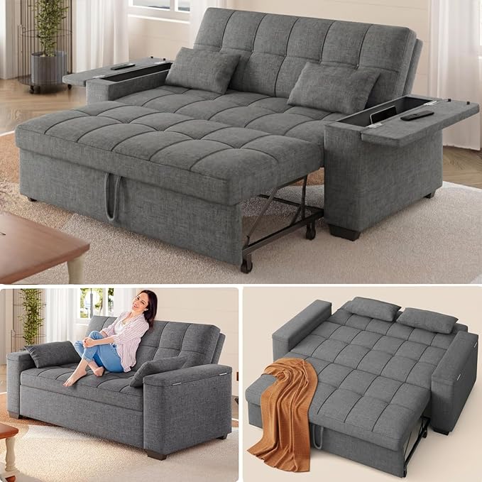 Gizoon 3 in 1 Convertible Sofa Bed Queen 63.6'' Pull Out Couch with Storage Armrests Sofa Cama Adjustable Backrest &amp Pockets Linen Loveseat Sleeper for Small Apartment Living Room Dark Grey