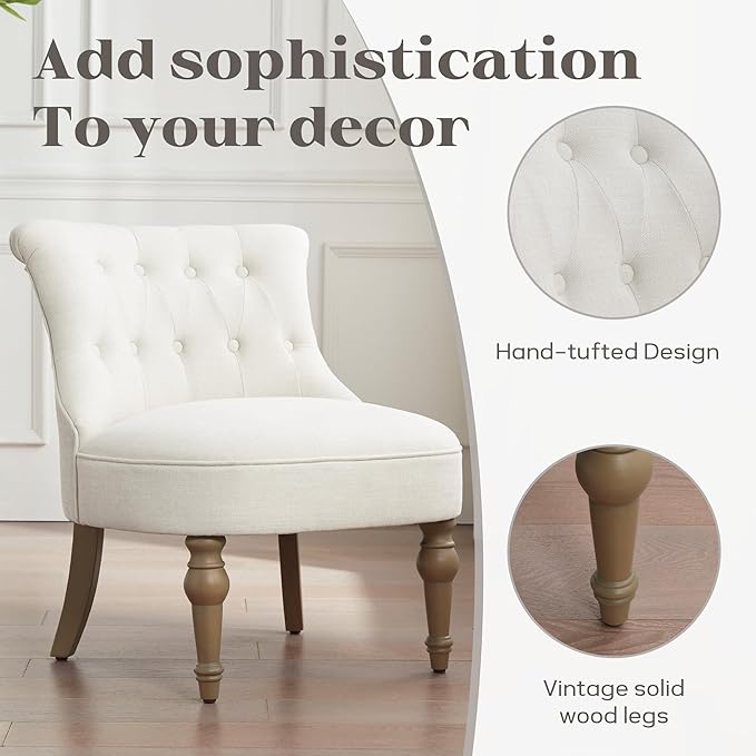 Living Room Chairs Armless Accent Chair Comfy Tufted Bedroom Chair Upholstered Chair with Wooden Legs for Reading Room Reception Apartments and Dormitories (Beige)