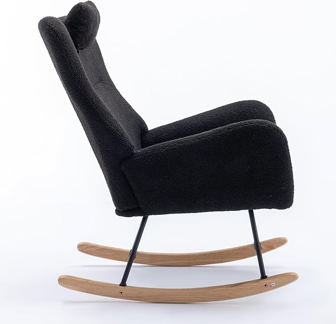 35.5 inch Rocking Chair Soft Teddy Fabric Rocking Chair for Nursery Comfy Wingback Glider Rocker with Safe Solid Wood Base for Living Room Bedroom Balcony (Black)