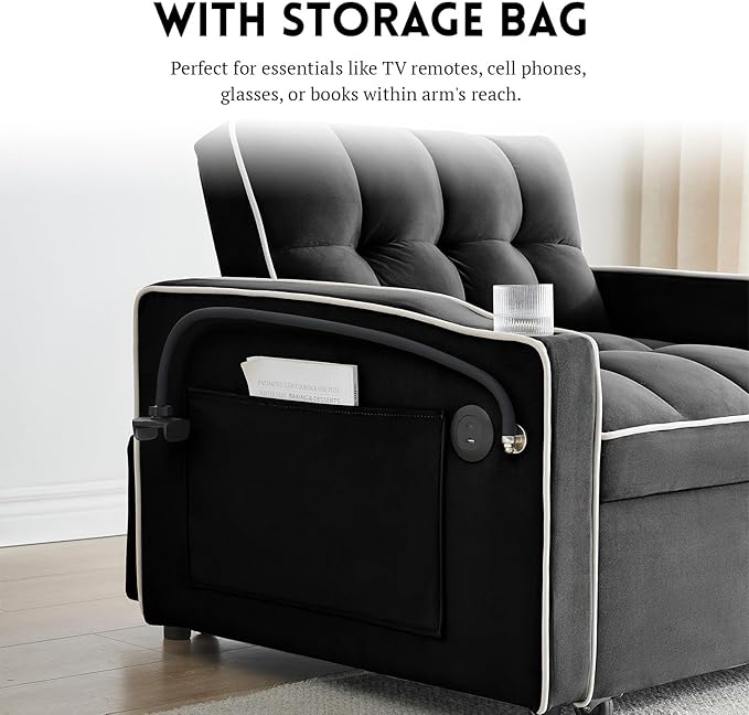 3 in 1 Sleeper Sofa Chair BedVelvet Convertible Sleeper SofaPull Out Bed Chair with USB Port &amp Ashtray and Swivel Phone Stand &amp Storage Pockets Modern Singer Sofa for Living Room