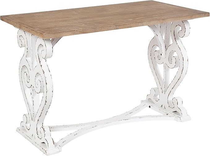 Kate and Laurel Wyldwood Farmhouse Wooden Desk 46 x 24 x 30 Brown and White Rustic Carved Wood Computer Desk for Functional and Stylish Home Office Decor