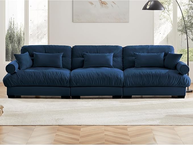 Setawix Velvet Cloud Sofas Couches for Living RoomModular Sectional 3 Seater Sofa Couch with Deep SeatOversized 3 Seat Sofa with Pillows for BedroomOffice(Blue)