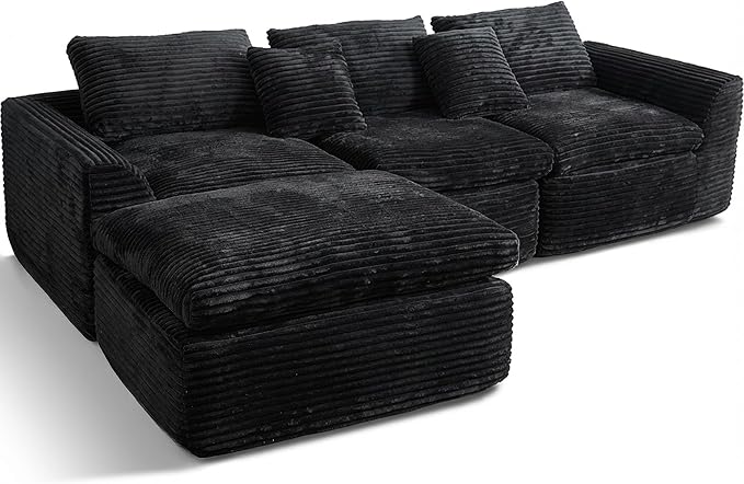 L-Shaped Corner Corduroy Sectional Sofa 4 Seat Modular Boneless Sofa Foam Cloud Couch with Movable Ottoman and Toss PillowsModern Deep Seat Convertible Chaise Sofa