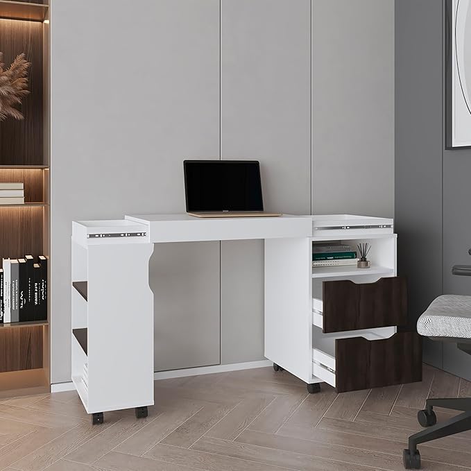 Tuhome San Diego 54 Expandable Desk with Two Drawers Seven Storage Shelves Rolling Caster Base Space-Saving Home Office Desk Retractable Workstation for Study Living Room or Small Spaces