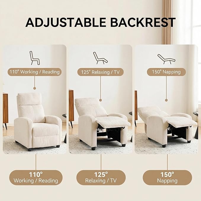 Furnimart Small Manual Recliner for Small Spaces Corduroy Reclining Chair with Chunky Overstuffed Cushion Single Sofa Recliner for Adults for Home Theater Living Room Bedroom Beige