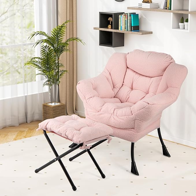 HOMGX Lazy Chair with Ottoman Modern Accent Chair w/Folding Footstool &amp Side Storage Pocket Upholstered Comfy Reading Chair for Bedroom Living Room Office (Pink)