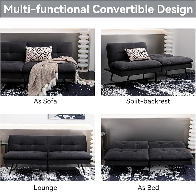 Hcore Polyester Memory Foam Convertible Futon Sofa Bed Small Splitback Loveseat 68 L x 32.3 W x 30.7 H Black