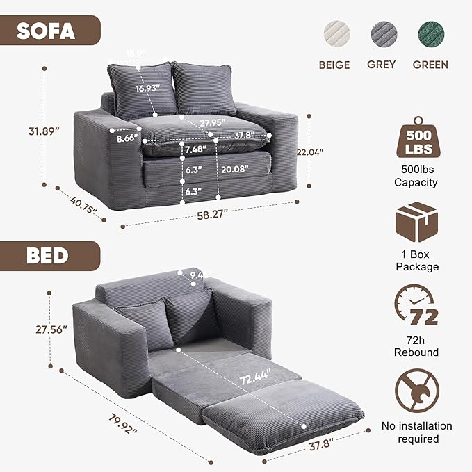 58 Pull Out Sofa Bed Convertible 2 in 1 Folding Loveseat Sofa Couch Corduroy Boneless Floor Sleeper Mattress Futon Deep Seat Wide Arm for Apartment Bedroom Living Room No Assembly 58-Grey