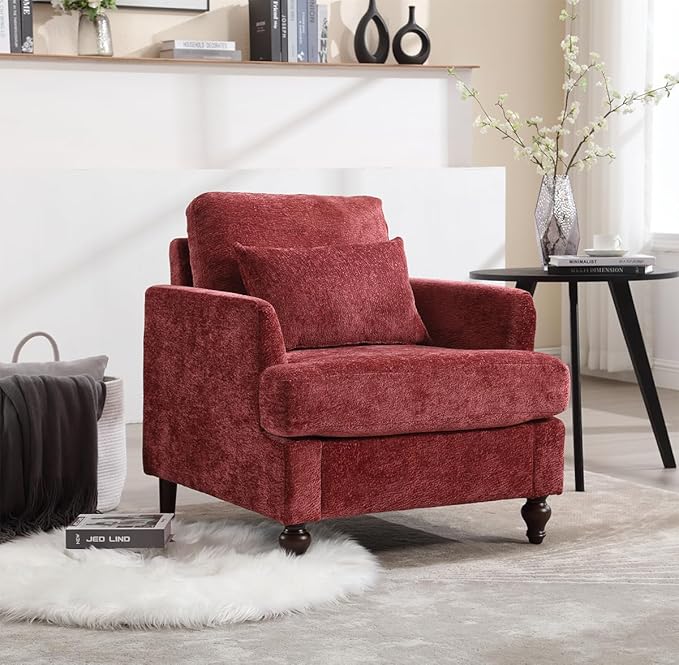 Upholstered Living Room Chair Chenille Accent Chair Single Sofa with Cushion &amp Solid Wood Frame Mid Century Modern Armchair for Bedroom Office