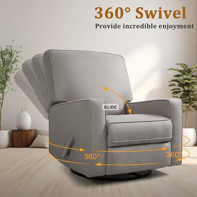 Swivel Rocker Recliner Chair for Adults High Back Fabric Recliner with Deep Seat Manual Glider for Living Room &amp Nursery Grey