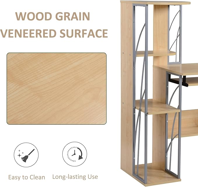 Modern Computer Desk with 4 Tier Bookshelf Home Office Writing Table Workstation with Tower Storage Shelves Keyboard Tray Lockable Drawers Natural