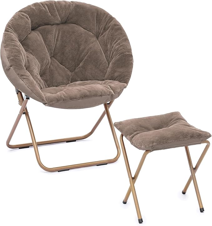 Cozy Saucer Chair Living Room Chair Faux Fur Soft Thick Padded Folding Chair Comfortable Moon Chair for Living Room Bedroom Reading Nook Modern Style Light Brown