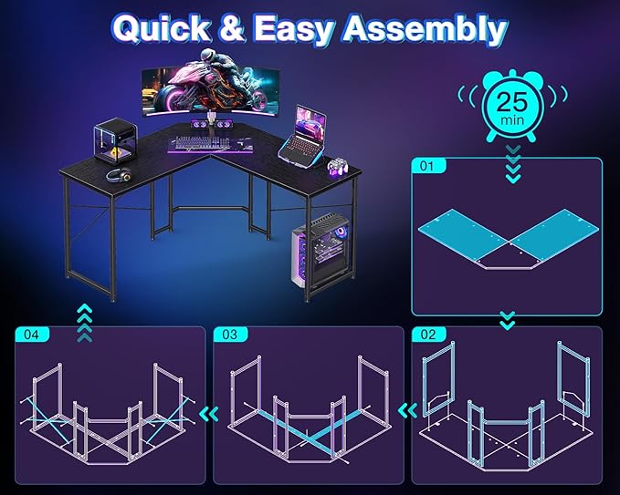 Casaottima 47 inch L Shaped Gaming Desk Corner Desk Gaming Table for Home Office Computer Desk Sturdy Writing Workstation for Small Space Easy to Assemble Black