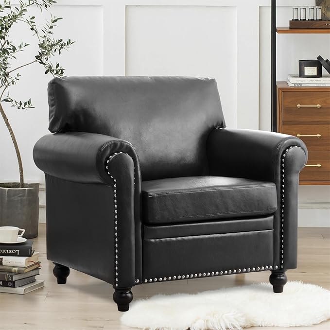 Black Faux Leather Accent Sofa Chair with Rivet Rolled Arm Modern Mid Century Wingback Club Chair for Living Room Apartment Office Easy Assembly (Black PU One Chair)