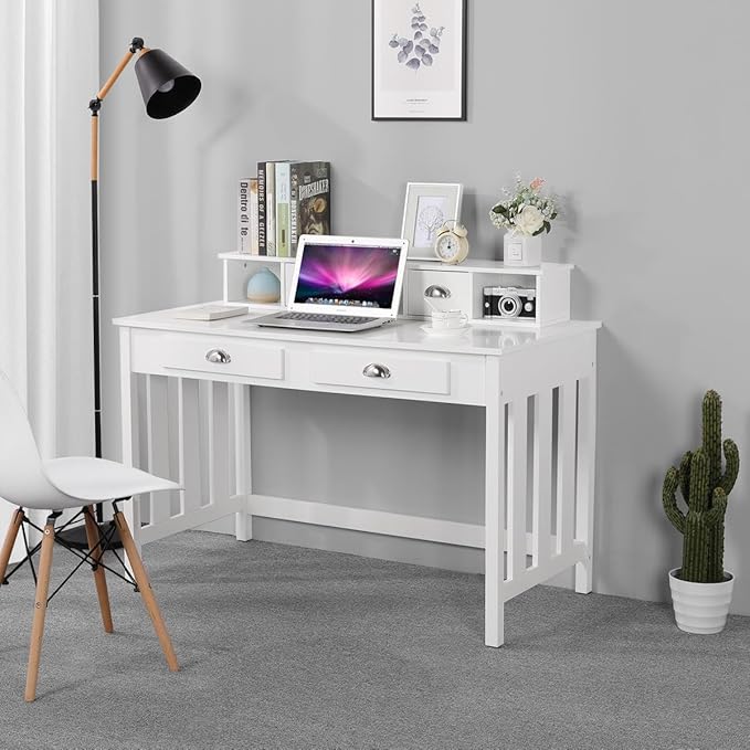Yaheetech 47 Inch Large Computer Desk White Home Office Workstation with 4 Storage Drawers Modern PC Work Table 23 Deep with Monitor Stand for Screen Wood Stable Executive Table with Large Desktop