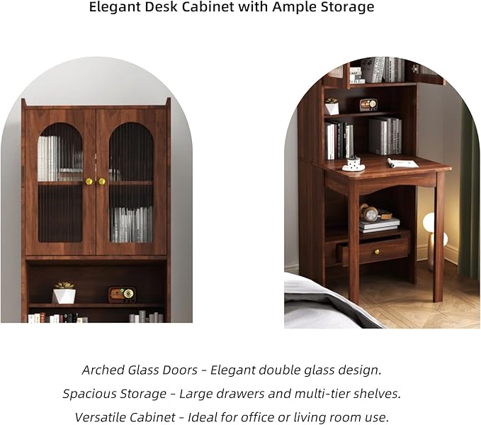 KEIKI Fold-Out Home Office Desks Writing Table with Glass Doors Drawers Bookshelf &amp Storage Shelves Modern Wooden Convertible Workstation for Work Study